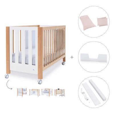 Cuna-escritorio madera/blanco (5en1) 60x120 cm + textil Cremarosa · Occa