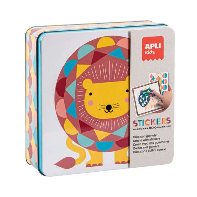 Apli Juegos de Gomets Leon - Incluye 16 Laminas y 14 Hojas de Gomets Removibles - Estimula la Psicomotricidad Fina y el Pensamiento Matematico - Caja Metalica Exclusiva Apli Kids - Colorido Diseño Leo