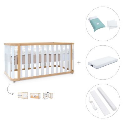 Cuna-cama colecho 70x140 cm madera/blanca (4en1) + colchón + textil Mare · Crea Plus Due Life