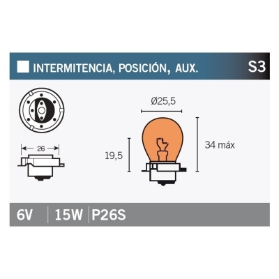 Caja de 10 lámparas 6V15W P26S AMBAR S3-6VX15W