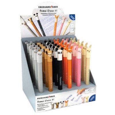 Eberhard Faber Animal Erase It! Expositor con 36 Boligrafos Borrables Tinta Gel Azul - Trazo 0.7mm - Capuchon con Formas de Animales - Tacto Soft