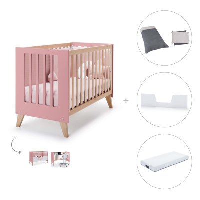Cuna-cama (3en1) 60x120 cm madera/rosa + colchón + textil Stone Grey · Nexor
