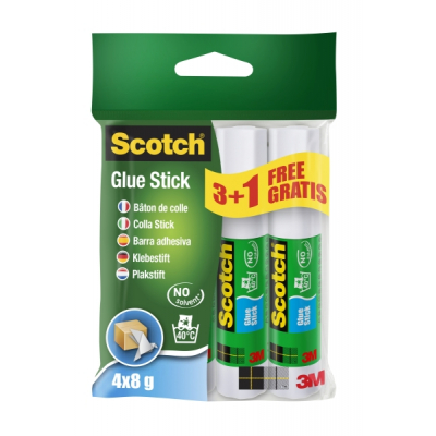 Scotch Pack de 4 Pegamentos en Barra Adhesivo Solido - 8gr por Unidad - Promocion 3 Barras + 1 Gratis - Color Transparente