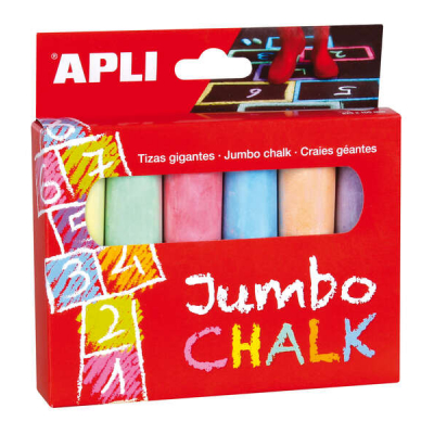 Apli Tizas Redondas Jumbo de Colores Surtidos - Tamaño Ø 25 x 105mm - Fabricadas con Sulfato de Calcio Bajo en Residuo - Ideales para Escribir, Dibujar y Colorear en Pizarras y Pavimentos - Aptas para