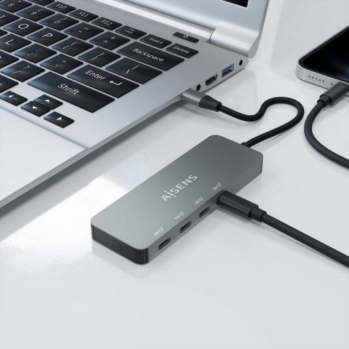 AISENS - Hub USB 3.2 Gen2 10G USB-C, USB-C/M-4xUSB-C/H, Gris, 15cm