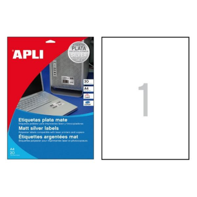 APLI Paq.20 etiquetas poliester A4 plata