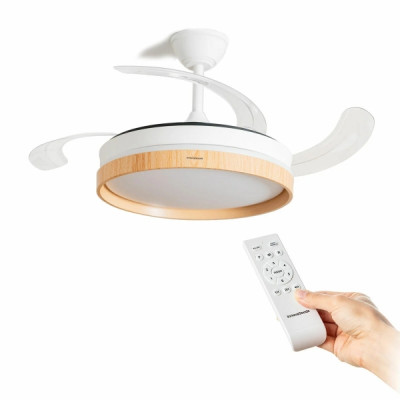 Innovagoods Woteez Ventilador de Techo con 4 Aspas Retractiles - 72W - 6 Velocidades - Luz LED - Accesorios de Montaje - Mando a Distancia - Temporizador - 49-104x42cm - Color Blanco y Madera