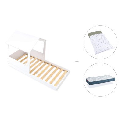 Cama-casita Montessori 90x190 cm + colchón + textil Espuma do mar · Bianca Tre