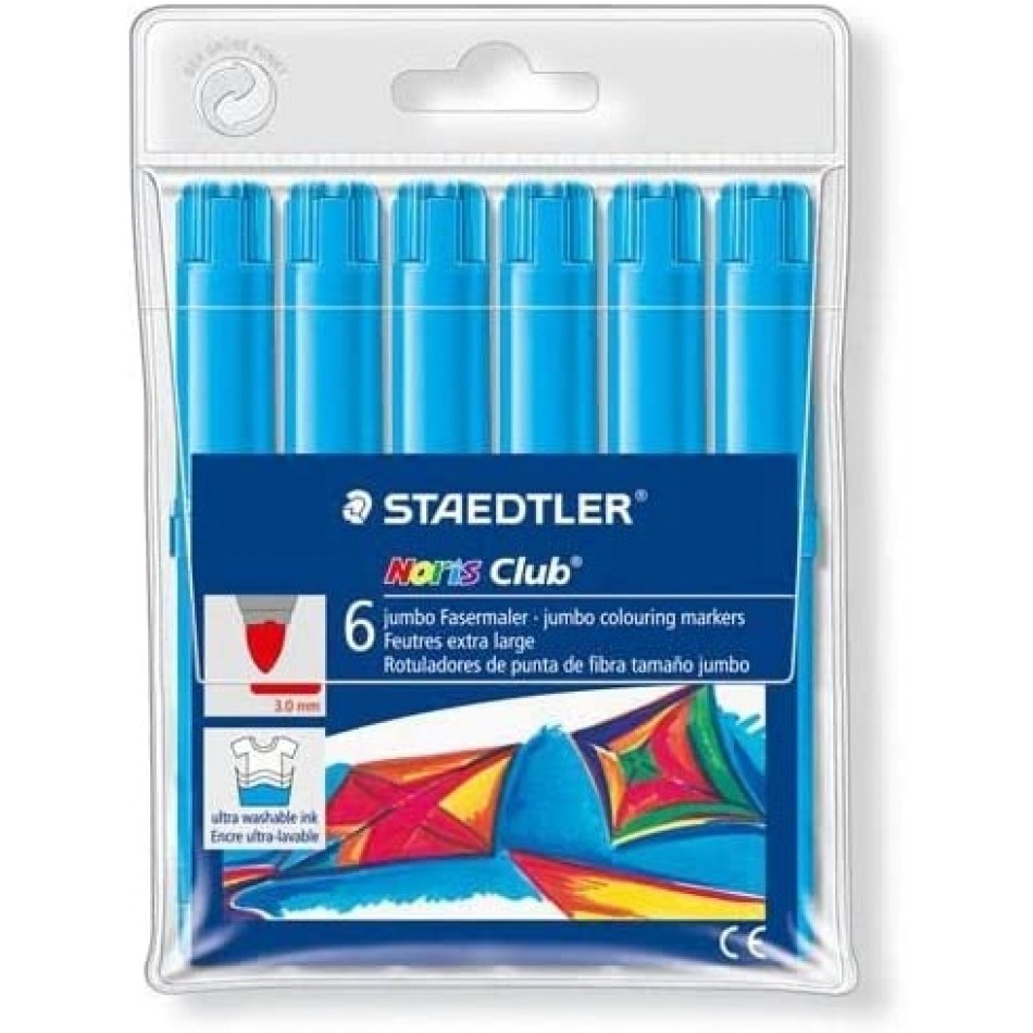 Staedtler Noris Watercolour 340 Pack de 6 Rotuladores de Gran Tamaño - Trazo 3mm Aprox - Lavable Facilmente - Tinta Base de Agua - Color Azul Claro