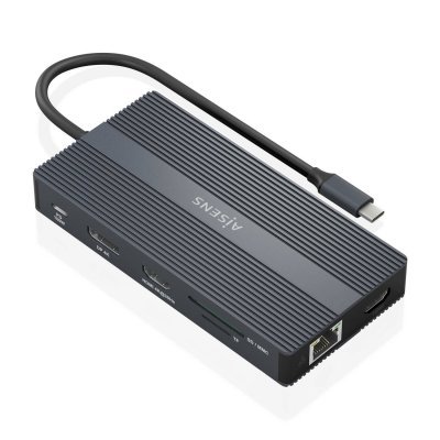 AISENS - USB-C Dock 12 En 1, USB-C a 2xHDMI, 1xDisplayport, 1xRJ45, 4xUSB-A, 1xUSB-C, 1xUSB-C PD, 1xSD, 1xMicro SD, Gris, 20cm