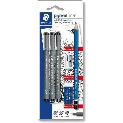 Staedtler Pigment Liner 308 Pack de 3 Rotuladores Calibrados Negros, Trazos Surtidos + 1 Goma de Borrar + 1 Sacapuntas + 1 Lapiz 2B - Color Negro