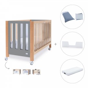 Cuna-cama-sofá madera/antracita (4en1) 60x120 cm + colchón + textil Alba Blu · Occa
