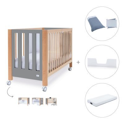 Cuna-cama-sofá madera/antracita (4en1) 60x120 cm + colchón + textil Alba Blu · Occa