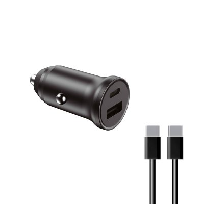 Cargador de coche , 20W, Carga rápida, Power Delivery, Multipuerto USB-C y USB-A + cable USB-C a USB-C, Negro