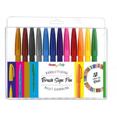 Pentel Brush Sing Pen Pack de 12 Rotuladores con Punta de Pincel - Lineas Finas o Gruesas dependiendo de la Presion - Fabricados con 81% de Plasticos Recicldos - Colores Vivos Surtidos