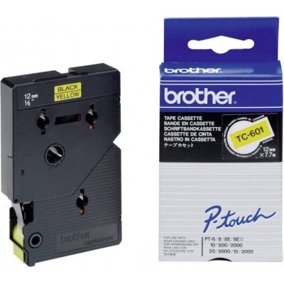 Cinta laminada original Brother TC601 - Texto negro sobre fondo amarillo | Ancho 12mm x 7m | Compatible con rotuladoras Brother