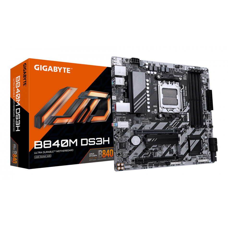 B840M DS3H Placa base - Procesadores AMD Ryzen 9000, VRM de 8+2+2 fases, hasta 8200 MHz DDR5, 2xPCIe 4.0 M.2, LAN 2.5GbE, USB 3.2 Gen 1