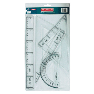 Safta Pack de 4 Reglas - Regla de 30cm - Escuadra de 25cm - Cartabon de 25cm - Semicirculo Transportador de Angulos - Biselado - Color Transparente