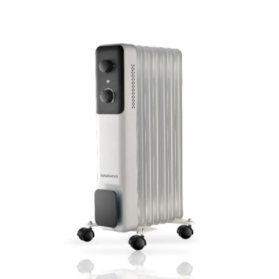 Daewoo DW9505 Radiador de Aceite - Potencia 1500W - 7 Elementos - Termostato Regulable - Ruedas - Asa de Transporte - Funcionamiento Automatico - Color Blanco y Negro