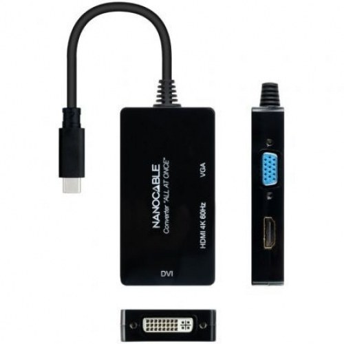 Adaptador Nanocable 10.16.4301-ALL/ USB Tipo-C Macho - HDMI Hembra - DVI-I Hembra - VGA Hembra/ 20cm/ Negro