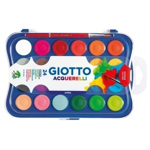 Giotto Estuche de 24 Acuarelas de 30mm + Pincel - Colores Brillantes, Intensos y Vivos - Muy Cubrientes - Colores Surtidos