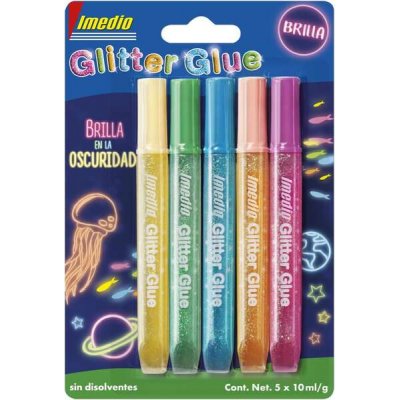 Imedio Glitter Glue Brilla en la Oscuridad Pack de 5 Tubos de Pegamento con Brillantina 10ml - Brilla en la Oscuridad - Para Distintos Materiales - Tubo Extrablando - Boquilla de Precision - Sin Dis