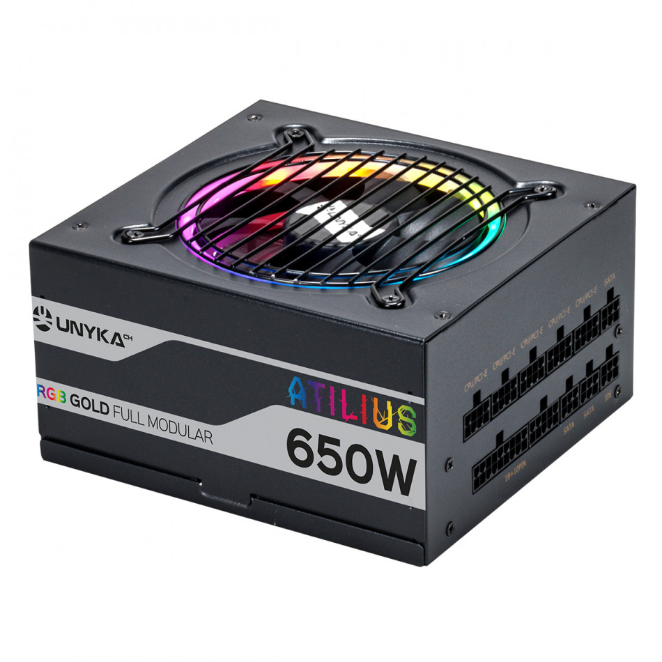 UNYKAch FUENTE Gaming Atilius RGB 650W BLACK 92% Eficiencia 140mm Full Modular