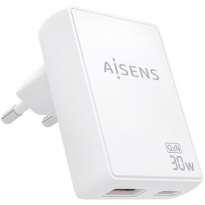 Cargador de Pared GaN Aisens ASCH-30W2P074-W/ 1xUSB Tipo-C/ 1xUSB/ 30W/ Blanco