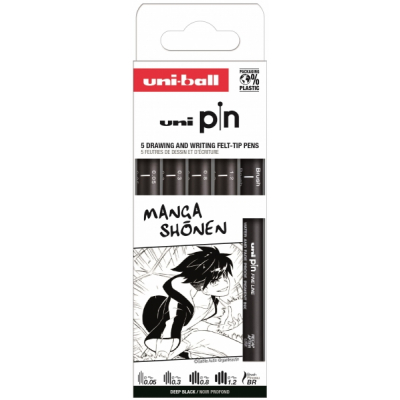 Uni-ball Uni Pin Manga Shonen Pack de 5 Rotuladores Calibrados 0.05, 0.3, 0.8, 1.2 y Brush - Punta Poliacetal - Tinta Pigmentada Resistente al Agua y Luz - Color Negro