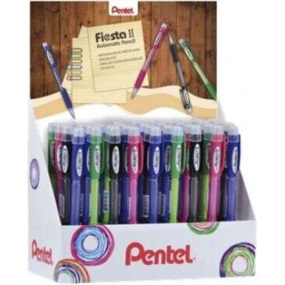 Pentel Fiesta II Expositor de 36 Portaminas HB 0.7mm con Goma - Incluye 2 Recargas - Grip de Goma - Diseño Ergonomico - Colores Surtidos
