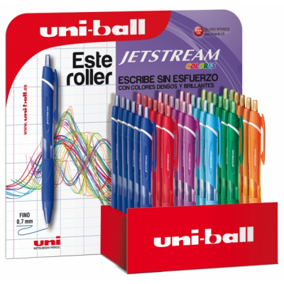 Uni-ball SXN-150C JetStream Colores Expositor de 36 Boligrafos Retractiles - Punta de Bola 0.7mm - Tinta Pigmentada Resistente al Agua y Luz - Secado Instantaneo - Colores Surtidos