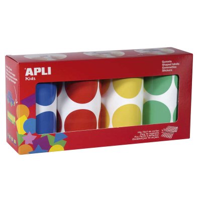 Apli Pack de 4 Rollos de Gomets Redondos Ø 45mm - 354 Gomets por Rollo - Adhesivo Permanente - 1416 Gomets en Total - Ideales para Escuelas Infantiles - Colores Azul, Rojo, Amarillo y Verde