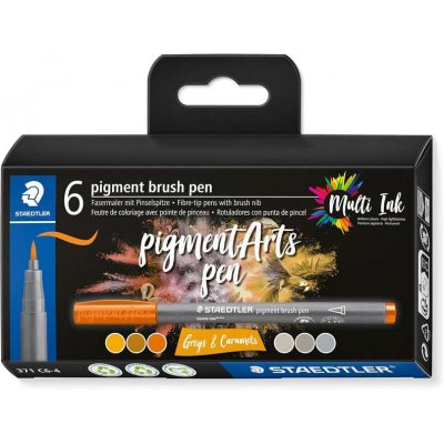 Staedtler 371 Pack de 6 Rotuladores Punta de Pincel Suave - Colores Vivos y Brillantes - No Amarillea con el Paso del Tiempo - Nueva Tinta Multi Ink - Pigmentos de Primera Calidad - Colores Grises/Car