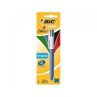 Bic 4 Colours Original Boligrafo de Bola Retractil - Punta Media de 1.0mm - Tinta con Base de Aceite - Cuerpo Azul/Blanco - 4 Colores