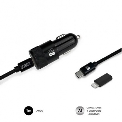 Cargador de Coche Subblim SUBCHG-5CPD11/ 1xUSB/ 1xUSB Tipo-C + Cable USB Tipo-C + Adaptador Lightning/ 3A/ Negro