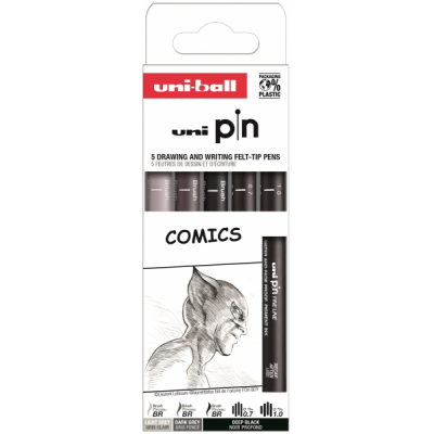 Uni-ball Uni Pin Comics Pack de 5 Rotuladores Calibrados 0.7, 1.0 y Brush - Punta Poliacetal - Tinta Pigmentada Resistente al Agua y Luz - Colores Negro y Gris