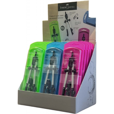 Faber-Castell Expositor de 15 Compases de Ajuste con Tornillo Central - Articulaciones en ambos Brazos - Adaptador Universal - Bote con Minas