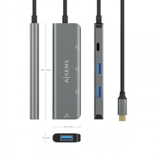 Aisens - Hub Usb 3.2 Gen1 5G Usb-C, Usb-C/M-1Xusb-C/H-3Xusb-A/H, Gris,