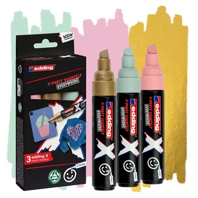 Edding X 6900 Pastel Pack de 3 Rotuladores Multisuperficie Permanentes de Tinta Opaca - Punta Biselada con Trazo 2-10mm - Color Oro, Verde Menta y Rosa Pastel