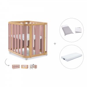 Minicuna-cuna (4en1) madera/rosa + colchón + textil cuna Carezza · Crea Plus Tre Quarzo Rosa