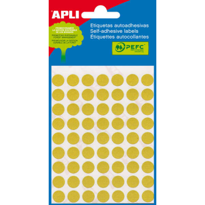 Apli Minibolsa de 315 Etiquetas Redondas Ø 10mm - 5 Hojas por 63 Etiquetas - Adhesivo Permanente - Aptas para Escritura con Lapiz, Boligrafo y Rotulador - Color Amarillo