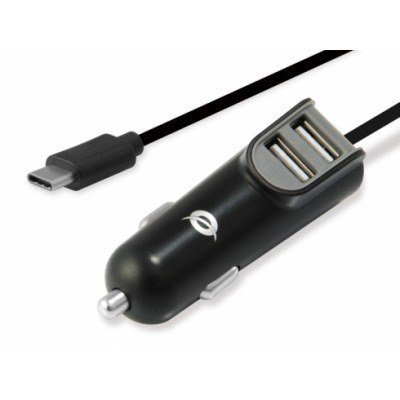Conceptronic Carden 5 Cargador de Coche 2XUSB2.0(5V) 1XCable USB C(5V) a 3.1A Max. - Carga Rapida 3 Dispositivos - 12-24V/DC - Color Negro