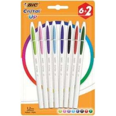 Bic Cristal Up Pack de 8 Boligrafos de Bola - Punta Redonda de 1.2mm - Trazo 0.6mm - Tinta con Base de Aceite - Cuerpo Blanco - Colores Surtidos
