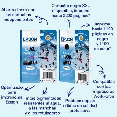 Cartucho tinta epson t271140 27xl negro wf-3620 3460dtwf dwf despertador