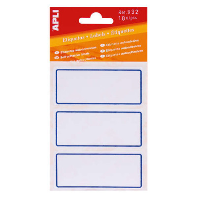 Apli Etiquetas Adhesivas Escolares Basicas - Tamaño 78x34mm - 6 Hojas (18 Etiquetas) - Adhesivo Permanente de Alta Calidad - Color Blanco con Ribete Azul