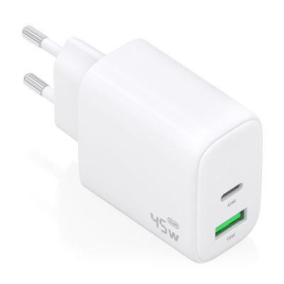 AISENS - CARGADOR GaN 45W, 1xUSB-C PD3.0 QC4.0, 1xUSB-A QC3.0, BLANCO