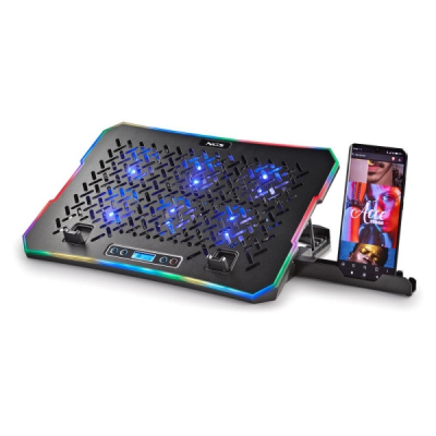 NGS HeroStand Base de Refrigeracion para Portatil Hasta 15.6 - 6 Ventiladores con LED Azul - Pantalla LCD con Botones de Control - Bordes RGB - Soporte para Smarphone - Altura Regulable - Dos Puertos
