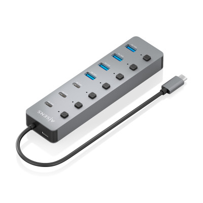 AISENS - HUB USB3.2 Gen2 10G USB-C, USB-C/M-4xUSB-A/H+3xUSB-C/H+1xUSB-C/H PD3.0 100W, GRIS, 30CM