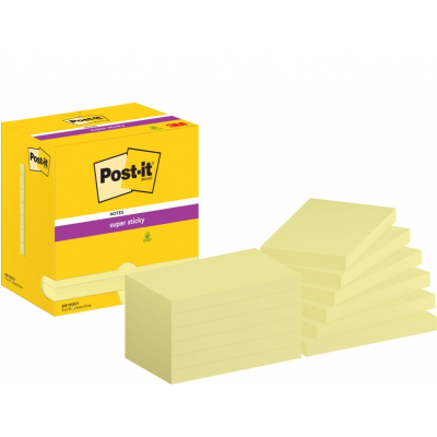 Post-It Super Sticky Pack de 12 Blocs de 90 Notas Adhesivas Reposicionables - Forma Rectangular - 76x127mm - Color Amarillo Claro