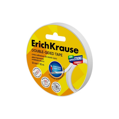 ErichKrause Cinta Adhesiva de Doble Cara - 1mm de Grosor - 12mm de Ancho - 10 Metros - Alta Adhesion - Base de Papel Extraible - Color Transparente